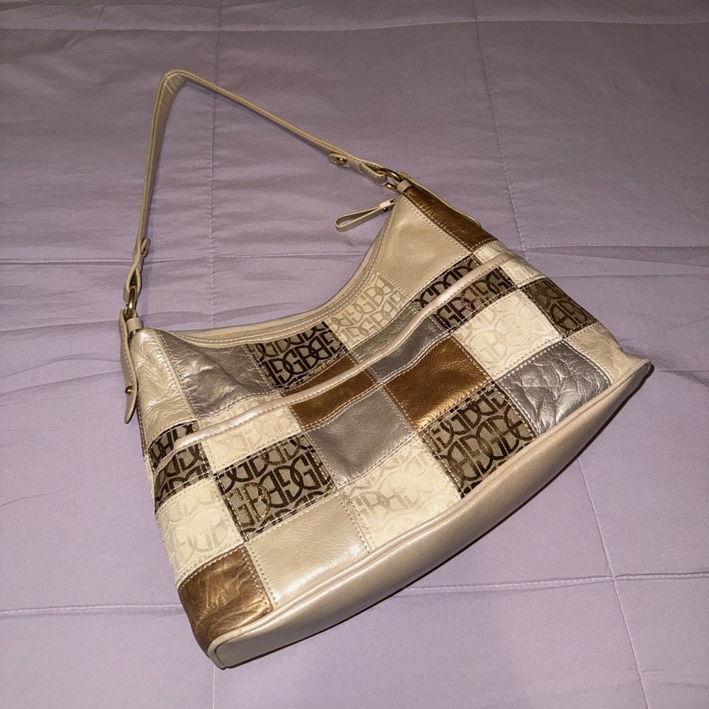 Vintage Giani Bernini Cream and Brown Shoulder Bag with Textured Design